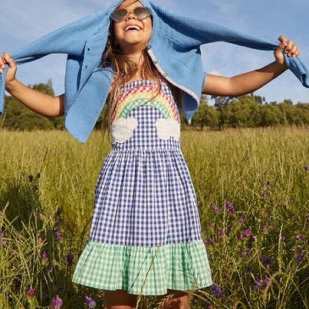 Mini Boden Girls 6-7 cotton rainbow gingham twirly dress